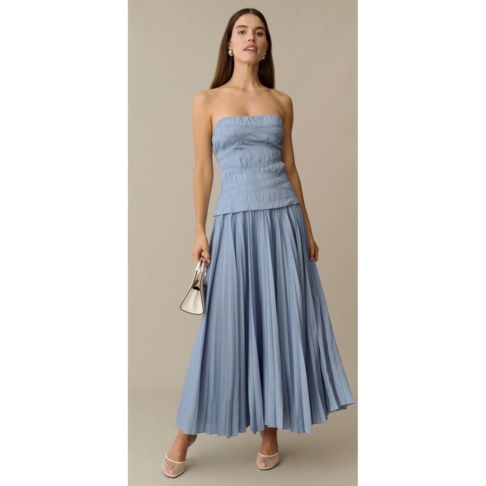 Few Moda o.p.t Strapless Pleated Maxi Dress Blue Ruched Smocked Gown